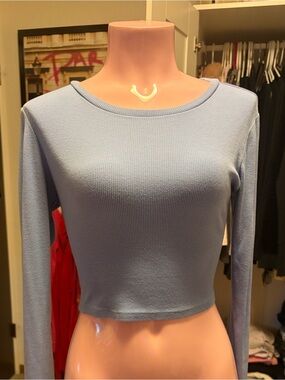 Garage Light Blue Ribbed Long-Sleeve Crop Top